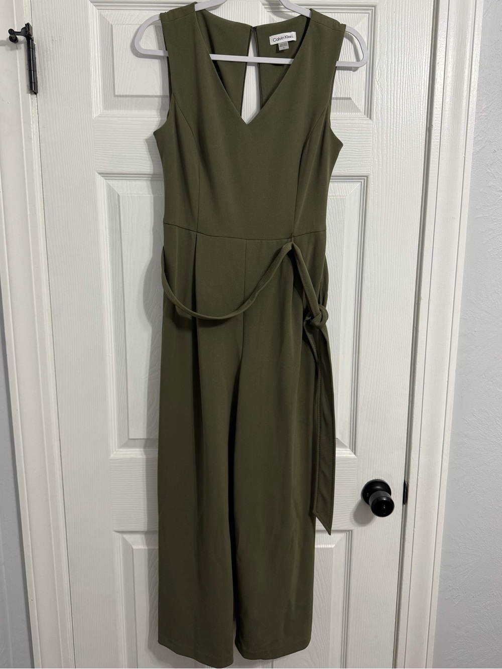 Calvin Klein Olive Sleeveless V-Neck Jumpsuit with Waist Tie